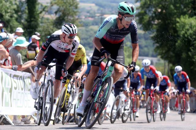 Decathlon CMA CGM team's French rider Jordan Labrosse competes in the men's Elite Road Race, part of the French Cycling Championship 2026, near La Tour du Pin, central-eastern France on June 28, 2026. (Photo by Alex MARTIN / AFP)