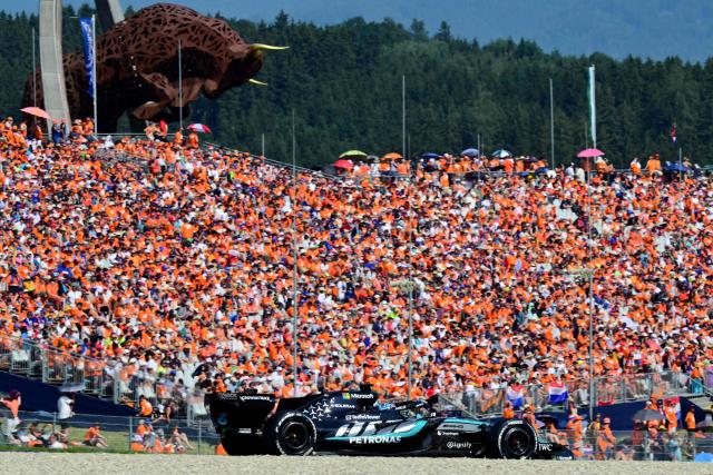Mercedes' British driver George Russell competes to win the Formula One Austrian Grand Prix at the Red Bull Ring race track in Spielberg, Austria on June 28, 2026. (Photo by Andrej ISAKOVIC / AFP)