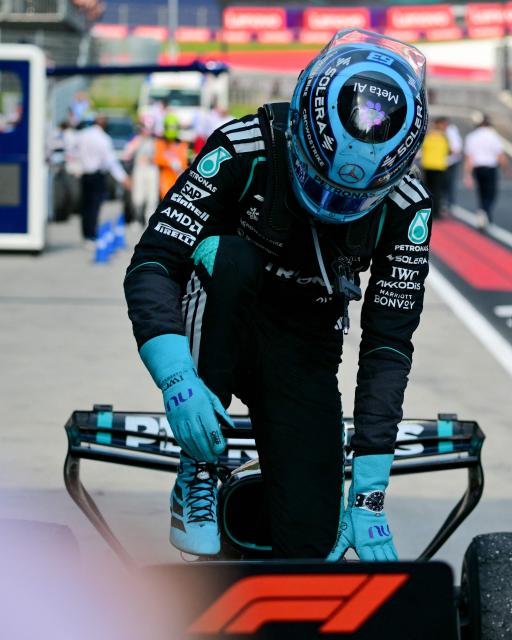 Winner Mercedes' British driver George Russell arrives after the Formula One Austrian Grand Prix at the Red Bull Ring race track in Spielberg, Austria on June 28, 2026. (Photo by Andrej ISAKOVIC / AFP)