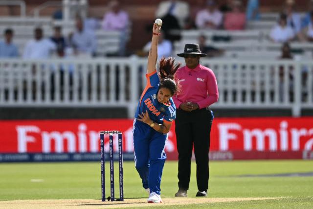 India's Renuka Singh Thakur bowls during the ICC Women's T20 cricket world cup 2026 game between Australia and India, at Lord's in London on June 28, 2026. (Photo by JUSTIN TALLIS / AFP)