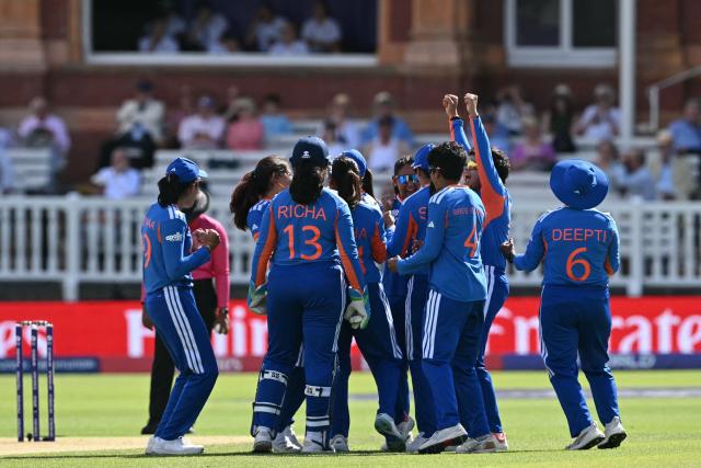 India's players celebrate after a review shows Australia's Georgia Voll has been trapped LBW (leg before wicket) by a ball from India's Renuka Singh Thakur during the ICC Women's T20 cricket world cup 2026 game between Australia and India, at Lord's in London on June 28, 2026. (Photo by JUSTIN TALLIS / AFP)