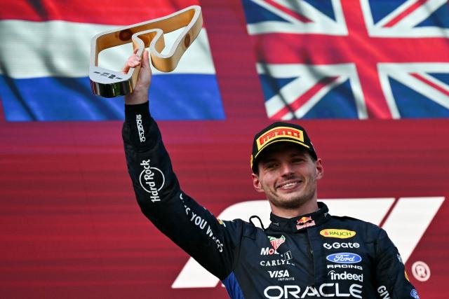 Second placed Red Bull Racing's Dutch driver Max Verstappen celebrates with his trophy on the podium after the Formula One Austrian Grand Prix at the Red Bull Ring race track in Spielberg, Austria on June 28, 2026. (Photo by Andrej ISAKOVIC / AFP)