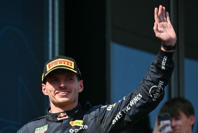 Second placed Red Bull Racing's Dutch driver Max Verstappen arrives on the podium after the Formula One Austrian Grand Prix at the Red Bull Ring race track in Spielberg, Austria on June 28, 2026. (Photo by Andrej ISAKOVIC / AFP)