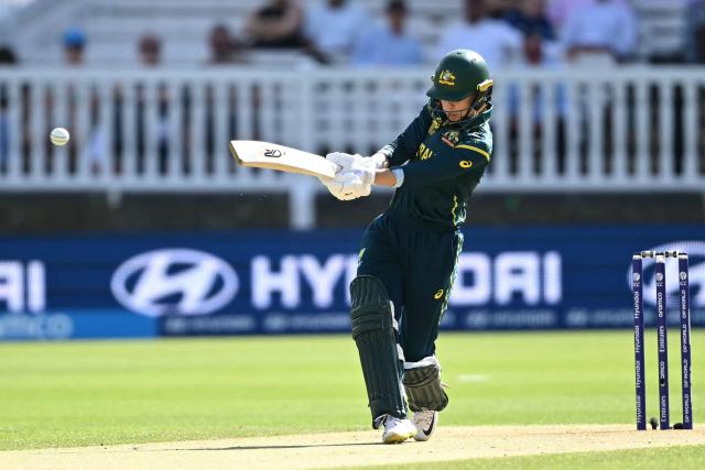 Australia's Phoebe Litchfield plays a shot during the ICC Women's T20 cricket world cup 2026 game between Australia and India, at Lord's in London on June 28, 2026. (Photo by JUSTIN TALLIS / AFP)
