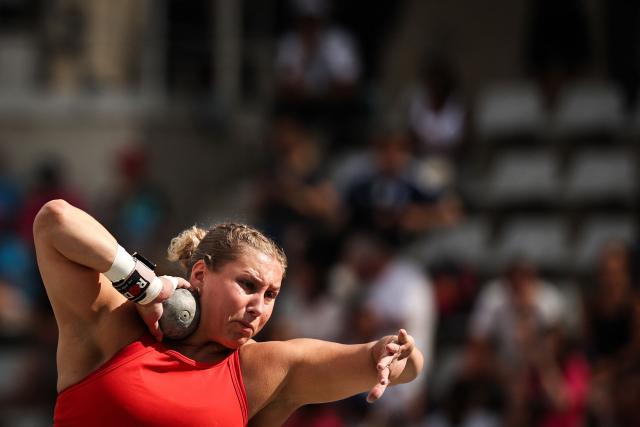 USA's Adelaide Aquilla competes in the women's Shot Put during the IAAF Diamond League athletics meeting, at the Charlety Stadium, in Paris on June 28, 2026. (Photo by Anne-Christine POUJOULAT / AFP)