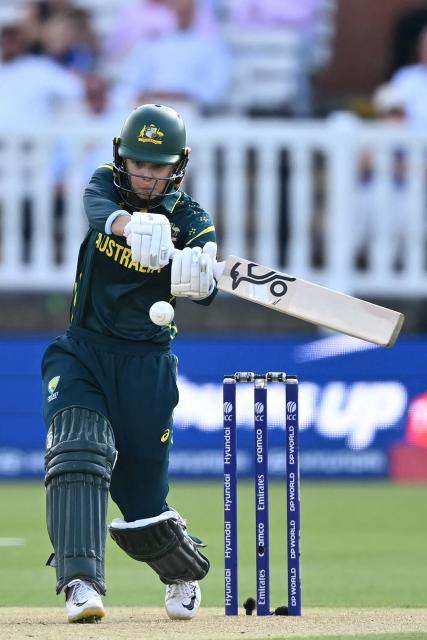 Australia's Phoebe Litchfield plays a shot during the ICC Women's T20 cricket world cup 2026 game between Australia and India, at Lord's in London on June 28, 2026. (Photo by JUSTIN TALLIS / AFP)