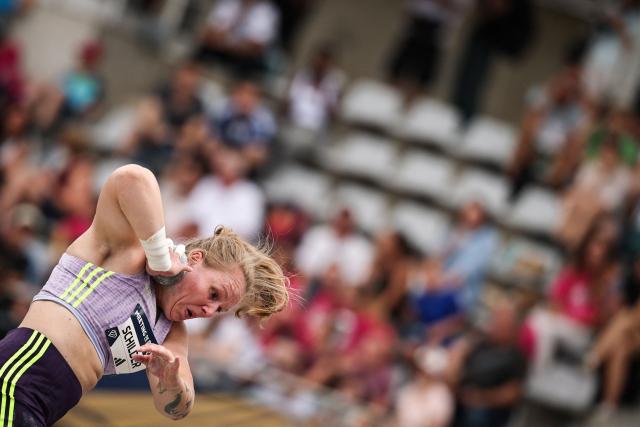 Netherlands's Jessica Schilder competes in the women's Shot Put during the IAAF Diamond League athletics meeting, at the Charlety Stadium, in Paris on June 28, 2026. (Photo by Anne-Christine POUJOULAT / AFP)
