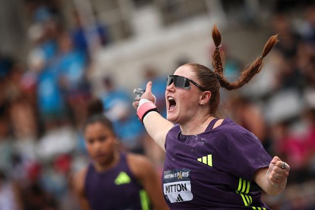 Canada's Sarah Mitton reacts as she competes in the women's Shot Put during the IAAF Diamond League athletics meeting, at the Charlety Stadium, in Paris on June 28, 2026. (Photo by Anne-Christine POUJOULAT / AFP)