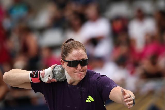 Canada's Sarah Mitton competes in the women's Shot Put during the IAAF Diamond League athletics meeting, at the Charlety Stadium, in Paris on June 28, 2026. (Photo by Anne-Christine POUJOULAT / AFP)