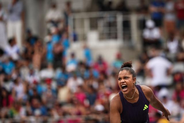 Germany's Yemisi Mabry reacts as she competes in the women's Shot Put during the IAAF Diamond League athletics meeting, at the Charlety Stadium, in Paris on June 28, 2026. (Photo by Anne-Christine POUJOULAT / AFP)