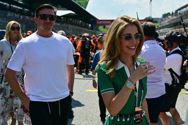 Austrian TV host Victoria Swarovski (R) and her partner Mark Mateschitz, Austrian co-owner of Red Bull attend the Formula One Austrian Grand Prix at the Red Bull Ring race track in Spielberg, Austria on June 28, 2026. (Photo by Andrej ISAKOVIC / AFP)