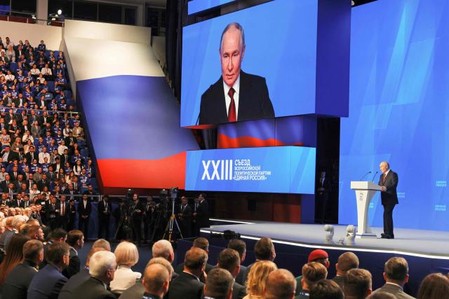 In this pool photograph distributed by Russian state agency Sputnik, Russia's Vladimir Putin addresses the audience at the 23rd Congress of the United Russia party in Moscow on June 28, 2026. Vladimir Putin vowed on June 28, 2026 to ensure security and overcome challenges as Ukraine stepped up its retaliatory strikes inside Russia amid Moscow's four-year war. (Photo by Yekaterina SHTUKINA / POOL / AFP)