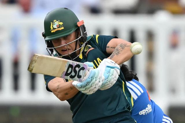Australia's Ashleigh Gardner plays a shot during the ICC Women's T20 cricket world cup 2026 game between Australia and India, at Lord's in London on June 28, 2026. (Photo by JUSTIN TALLIS / AFP)