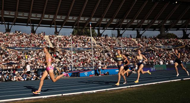 Athletes compete in the women's 1500m during the IAAF Diamond League athletics meeting, at the Charlety Stadium, in Paris on June 28, 2026. (Photo by Anne-Christine POUJOULAT / AFP)