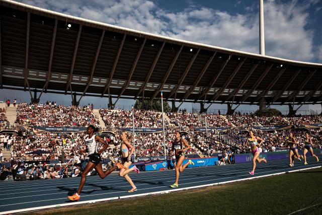 Athletes compete in the women's 1500m during the IAAF Diamond League athletics meeting, at the Charlety Stadium, in Paris on June 28, 2026. (Photo by Anne-Christine POUJOULAT / AFP)