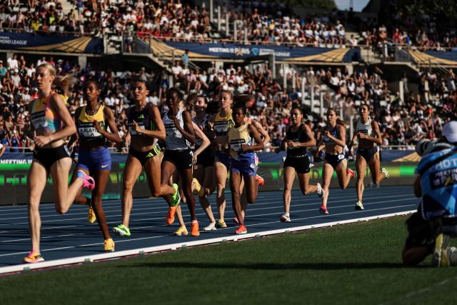 Athletes compete in the women's 1500m during the IAAF Diamond League athletics meeting, at the Charlety Stadium, in Paris on June 28, 2026. (Photo by Anne-Christine POUJOULAT / AFP)