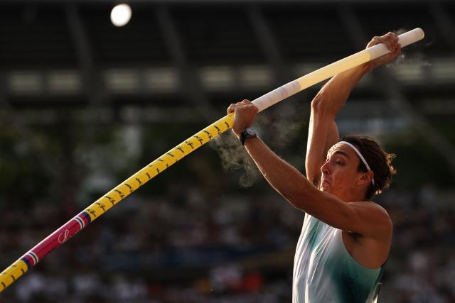 Sweden's Armand Duplantis competes in the men's Pole Vault during the IAAF Diamond League athletics meeting, at the Charlety Stadium, in Paris on June 28, 2026. (Photo by Anne-Christine POUJOULAT / AFP)