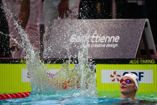 France's Marie Wattel reacts after competing in the women's 50m butterfly final of the French national swimming championships in Saint-Etienne, central France, on June 28, 2026. (Photo by OLIVIER CHASSIGNOLE / AFP)