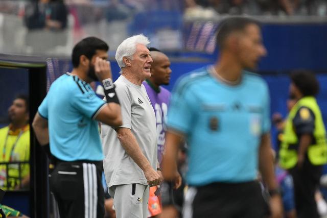 South Africa's Belgian head coach Hugo Broos gestures on the touchline during the 2026 World Cup round of 32 football match between South Africa and Canada at the Los Angeles Stadium in Inglewood on June 28, 2026.  (Photo by Patrick T. Fallon / AFP)