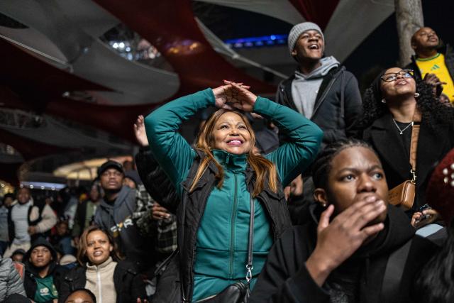 South Africa's supporters react as they watch a live broadcast of the 2026 World Cup round of 32 football match between South Africa and Canada at the Loftus Versfeld Stadium in Pretoria, on June 28, 2026. (Photo by EMMANUEL CROSET / AFP)