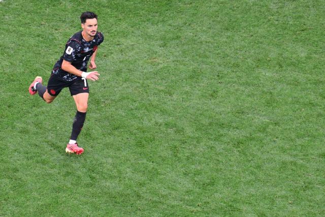 Canada's midfielder #07 Stephen Eustaquio celebrates scoring his team's first goal during the 2026 World Cup round of 32 football match between South Africa and Canada at the Los Angeles Stadium in Inglewood on June 28, 2026.  (Photo by Frederic J. Brown / AFP)