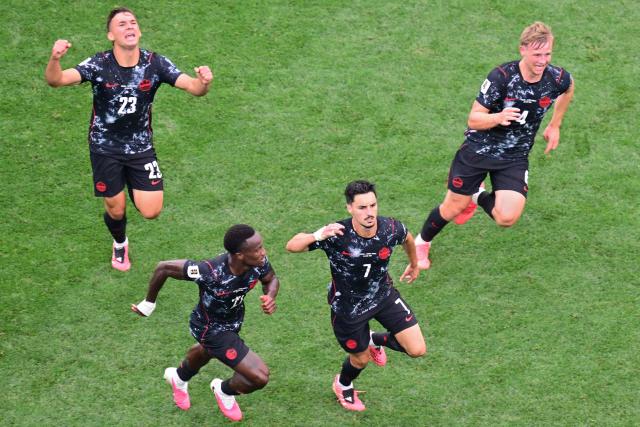 Canada's midfielder #07 Stephen Eustaquio celebrates scoring his team's first goal during the 2026 World Cup round of 32 football match between South Africa and Canada at the Los Angeles Stadium in Inglewood on June 28, 2026.  (Photo by Frederic J. Brown / AFP)