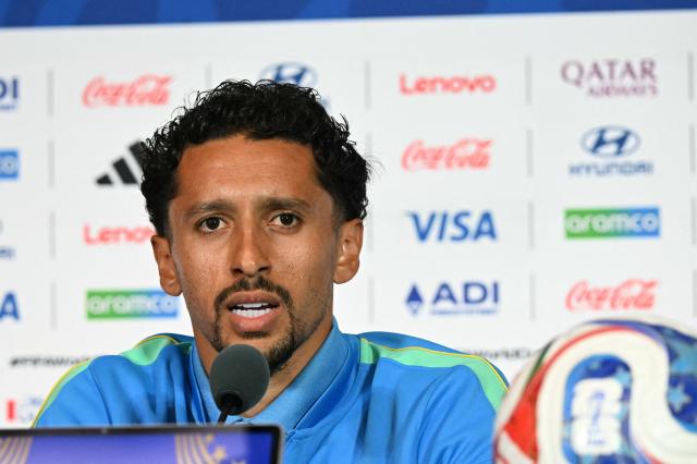 Brazil's defender #04 Marquinhos speaks during a press conference on the eve of the 2026 World Cup Round of 32 football match between Brazil and Japan at Houston stadium in Houston on June 28, 2026.  (Photo by RONALDO SCHEMIDT / AFP)