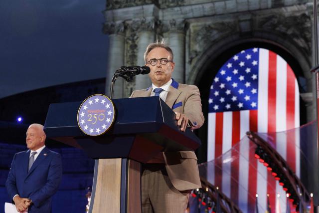 Belgium Prime Minister Bart De Wever speaks during the celebration for the 250 years of The United States' independence in the Cinquantenaire Park in Brussels on June 28, 2026. (Photo by NICOLAS MAETERLINCK / BELGA / AFP) / Belgium OUT