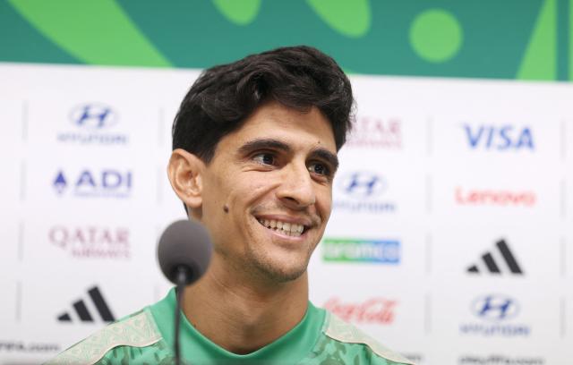 Morocco's goalkeeper #01 Yassine Bounou smiles during a press conference on the eve of the 2026 World Cup Round of 32 football match between Morocco and the Netherlands at Monterrey stadium in Monterrey, Mexico on June 28, 2026.  (Photo by Julio Cesar AGUILAR / AFP)