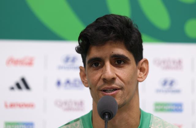 Morocco's goalkeeper #01 Yassine Bounou speaks during a press conference on the eve of the 2026 World Cup Round of 32 football match between Morocco and the Netherlands at Monterrey stadium in Monterrey, Mexico on June 28, 2026.  (Photo by Julio Cesar AGUILAR / AFP)
