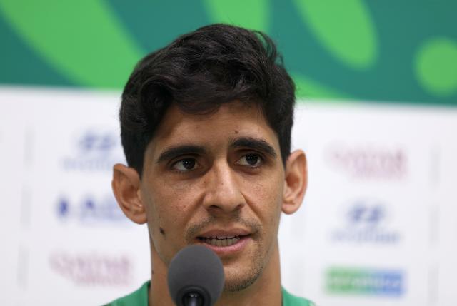Morocco's goalkeeper #01 Yassine Bounou speaks during a press conference on the eve of the 2026 World Cup Round of 32 football match between Morocco and the Netherlands at Monterrey stadium in Monterrey, Mexico on June 28, 2026.  (Photo by Julio Cesar AGUILAR / AFP)