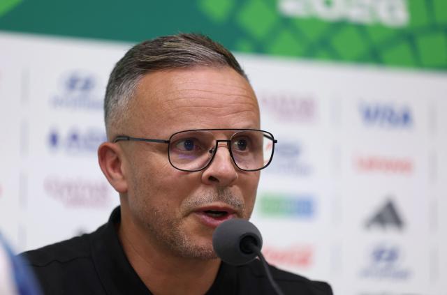 Morocco's head coach Mohamed Ouahbi speaks during a press conference on the eve of the 2026 World Cup Round of 32 football match between Morocco and the Netherlands at Monterrey stadium in Monterrey, Mexico on June 28, 2026.  (Photo by Julio Cesar AGUILAR / AFP)