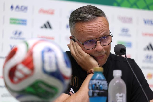 Morocco's head coach Mohamed Ouahbi gestures during a press conference on the eve of the 2026 World Cup Round of 32 football match between Morocco and the Netherlands at Monterrey stadium in Monterrey, Mexico on June 28, 2026.  (Photo by Julio Cesar AGUILAR / AFP)