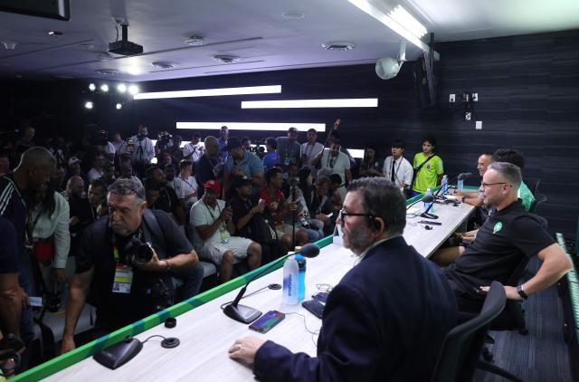 General view of Morocco's press conference on the eve of the 2026 World Cup Round of 32 football match between Morocco and the Netherlands at Monterrey stadium in Monterrey, Mexico on June 28, 2026.  (Photo by Julio Cesar AGUILAR / AFP)