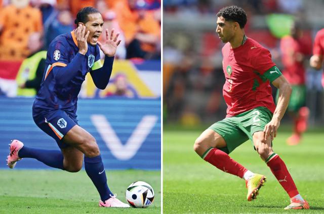 (COMBO) This combination of file photos created on June 28, 2026, shows Netherlands' defender #04 Virgil Van Dijk during the UEFA Euro 2024 round of 16 football match between Romania and the Netherlands at the Munich Football Arena in Munich on July 2, 2024; and Morocco's defender #02 Achraf Hakimi with the ball during the inernational friendly football match between Morocco and Norway at Sports Illustrated Stadium in Harrison, New Jersey, on June 7, 2026. Netherlands and Morocco will meet in a 2026 World Cup round of 32 football match at Monterrey Stadium in Guadalupe, Mexico on June 29, 2026. (Photo by Angela WEISS and Tobias SCHWARZ / AFP)