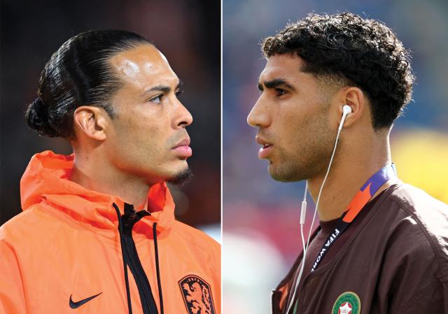 (COMBO) This combination of file photos created on June 28, 2026, shows Netherlands' defender #04 Virgil van Dijk ahead of the friendly international football match between the Netherlands and Ecuador at the PSV Stadium in Eindhoven on March 31, 2026; and Morocco's defender #02 Achraf Hakimi walking on the pitch ahead of the 2026 World Cup Group C football match between Scotland and Morocco at the Boston Stadium in Foxborough on June 19, 2026. Netherlands and Morocco will meet in a 2026 World Cup round of 32 football match at Monterrey Stadium in Guadalupe, Mexico on June 29, 2026. (Photo by Franck FIFE and John THYS / AFP)