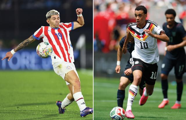 (COMBO) This combination of file photos created on June 28, 2026, shows Paraguay's forward Julio Enciso during the 2026 FIFA World Cup South American qualifiers football match between Uruguay and Paraguay at the Centenario stadium in Montevideo, on September 6, 2024; and Germany's Jamal Musiala with the ball during the international friendly football match between USA and Germany at Soldier Field in Chicago, Illinois, on June 6, 2026. Germany and Paraguay will meet in a 2026 World Cup round of 32 football match at Boston Stadium in Foxborough on June 29, 2026. (Photo by DANTE FERNANDEZ and Kamil KRZACZYNSKI / AFP)