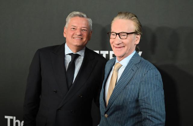 Mark Twain Prize Recipient US TV host and comedian Bill Maher (R) poses with Co-CEO of Netflix Ted Sarandos as they arrive for the 27th Mark Twain Prize for American Humor Gala at the Kennedy Center in Washington, DC, on June 28, 2026. (Photo by Alex WROBLEWSKI / AFP)
