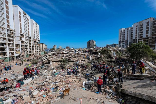 A rescue dog from the Argentine search and rescue team searches for bodies in the rubble of a collapsed building in Caraballeda, La Guaira state, Venezuela, on June 28, 2026, following twin earthquakes. Thousands of rescuers, relatives and volunteers dig day and night through mounds of concrete to find survivors of the earthquakes that struck Venezuela more than three days ago, leaving nearly 1,500 dead and tens of thousands missing. (Photo by Miguel MEDINA / POOL / AFP)