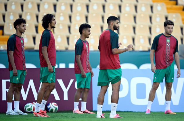 Morocco players attend a training session on the eve of the 2026 World Cup Round of 32 football match between Morocco and the Netherlands at the Universitario stadium in San Nicolas de los Garza, exico on June 28, 2026. (Photo by Alfredo ESTRELLA / AFP)