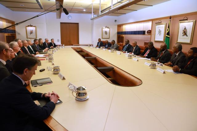 Vanuatu Prime Minister Jotham Napat (centre R) and his cabinet members attend a meeting with Australian Prime Minister Anthony Albanese (centre L) and cabinet members at Parliament House in Canberra on June 29, 2026. (Photo by DAVID GRAY / AFP)