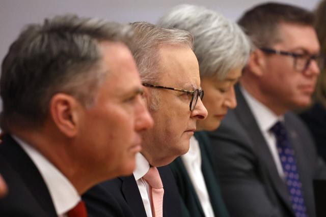 Australian Prime Minister Anthony Albanese (2nd L) and cabinet members hold a meeting with Vanuatu's Prime Minister Jotham Napat and his cabinet members at Parliament House in Canberra on June 29, 2026. (Photo by David GRAY / AFP)