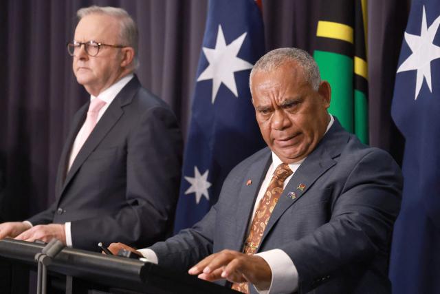 Australian Prime Minister Anthony Albanese (L) and Vanuatu's Prime Minister Jotham Napat attend a joint press conference at Parliament House in Canberra on June 29, 2026. (Photo by DAVID GRAY / AFP)