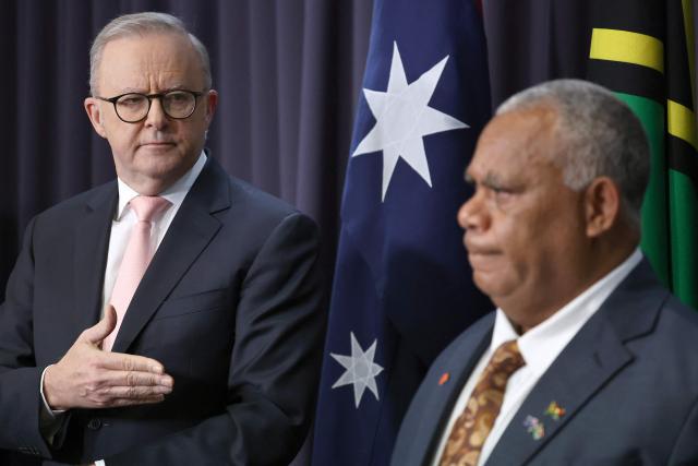 Australian Prime Minister Anthony Albanese (L) and Vanuatu's Prime Minister Jotham Napat attend a joint press conference at Parliament House in Canberra on June 29, 2026. (Photo by David GRAY / AFP)