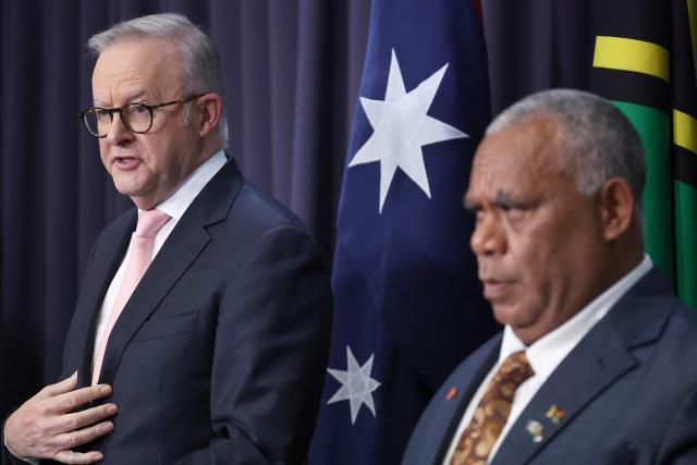 Australian Prime Minister Anthony Albanese (L) and Vanuatu's Prime Minister Jotham Napat attend a joint press conference at Parliament House in Canberra on June 29, 2026. (Photo by David GRAY / AFP)