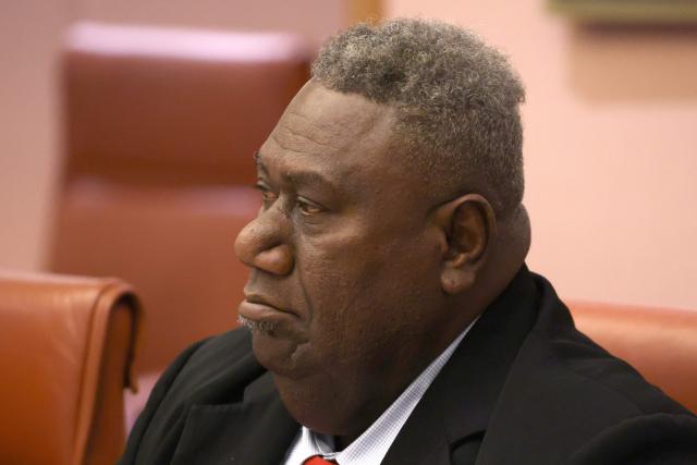 Vanuatu Trade and Commerce Minister Samson Samsen looks on during a meeting between Vanuatu's Prime Minister Jotham Napat and Australian Prime Minister Anthony Albanese at Parliament House in Canberra on June 29, 2026. (Photo by David GRAY / AFP)