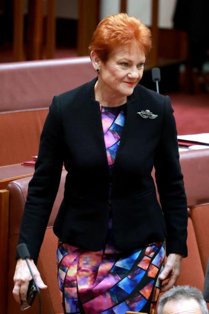 Senator and leader of the One Nation Party Pauline Hanson walks in the senate chamber in Parliament House in Canberra on June 29, 2026. (Photo by DAVID GRAY / AFP)