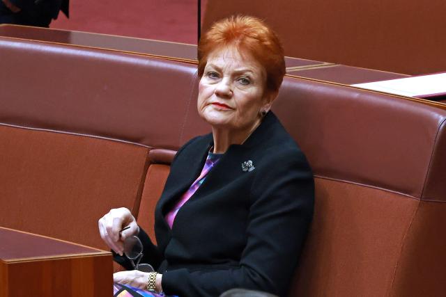 Senator and leader of the One Nation Party Pauline Hanson sits in the senate chamber in Parliament House in Canberra on June 29, 2026. (Photo by DAVID GRAY / AFP)