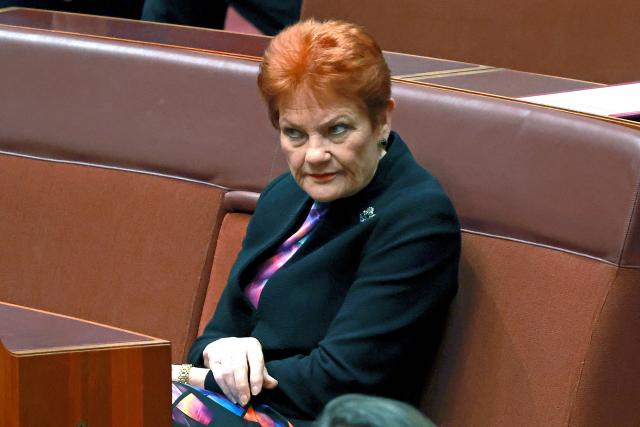 Senator and leader of the One Nation Party Pauline Hanson sits in the senate chamber in Parliament House in Canberra on June 29, 2026. (Photo by DAVID GRAY / AFP)