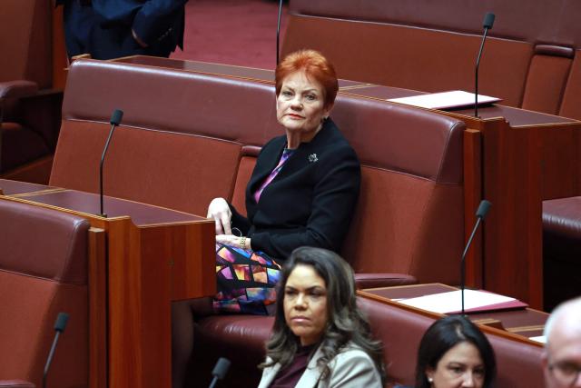 Senator and leader of the One Nation Party Pauline Hanson (TOP) sits in the senate chamber in Parliament House in Canberra on June 29, 2026. (Photo by DAVID GRAY / AFP)